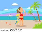 Girl holding toy and eating ice-cream on beach, child in red swimsuit standing on sand, sunset and ocean view with ship, palm trees and cloudy sky vector. Kid Eating Ice-cream on Beach, Vacation Vector. Стоковая иллюстрация, агентство Ingram Publishing / Фотобанк Лори