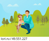 Person on weekend with pet vector, forest nature, park with trees and greenery of meadows. Male with domesticated canine, human and animal friendship. Man Playing with Pet, Male and Dog in Forest Park. Стоковая иллюстрация, агентство Ingram Publishing / Фотобанк Лори