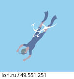 Diver in flippers and mask diving into deep sea waters, top view. Vector snorkeling man in protective swimsuit spend free time at summer. Active way of life. Diver in Flippers and Mask Diving, Deep Sea Waters. Стоковая иллюстрация, агентство Ingram Publishing / Фотобанк Лори