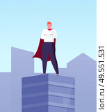 Leader in superhero cloak on top of skyscraper in city center. Vector business hero, superhuman big boss, commercial businessman on roof with hands on chest. Leader in Superhero Cloak Skyscraper Top in City. Стоковая иллюстрация, агентство Ingram Publishing / Фотобанк Лори