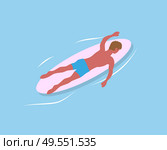 Man swimming on surfboard isolated on blue sea waters. Vector surfboarder relaxing in calm pool, extreme sport and cartoon character in trousers, back view. Man Swimming on Surfboard Isolated in Sea Waters. Стоковая иллюстрация, агентство Ingram Publishing / Фотобанк Лори
