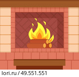 Brick fireplace with wooden logs and bright burning fire vector closeup. Interior with brickwork furniture, flame in hearth, warm stone heating firewood. Brick Fireplace, Wooden Logs, Bright Burning Fire. Стоковая иллюстрация, агентство Ingram Publishing / Фотобанк Лори