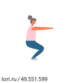 Workout and fitness training, woman doing squats vector. Legs and buttoks muscles pumping, healthy lifestyle and sport exercise, isolated female character. Woman Doing Squats, Workout and Fitness Training. Стоковая иллюстрация, агентство Ingram Publishing / Фотобанк Лори