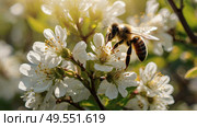 A bee collecting nectar on a blooming apple tree in close-up. Macro photography. Natural food. The disappearance of bees. Стоковое AI-изображение, AI-художник Photojuli / Фотобанк Лори