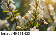 A bee collecting nectar on a blooming apple tree in close-up. Macro photography. Natural food. The disappearance of bees. Стоковое AI-изображение, AI-художник Photojuli / Фотобанк Лори