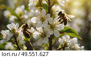 A bee collecting nectar on a blooming apple tree in close-up. Macro photography. Natural food. The disappearance of bees. Стоковое AI-изображение, AI-художник Photojuli / Фотобанк Лори