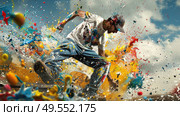 A man in a paint-splattered outfit energetically throws vibrant paint around, capturing the essence of creativity and movement. Стоковое AI-изображение, AI-художник Данила Большаков / Фотобанк Лори