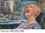 Bald man with his mouth wide open, showing signs of yawning while seated inside a train compartment. Стоковое AI-изображение, AI-художник Данила Большаков / Фотобанк Лори