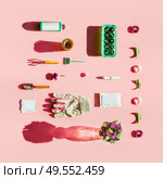Gardening tools in sunlight with plant seed bags, fertilization bottle, flowers pots, garden sign and peat seedling tablets on pink background. Top view. Pattern. Flat lay. Branding mock up. Creative. Стоковое фото, агентство Ingram Publishing / Фотобанк Лори