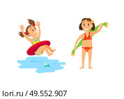 Summertime relaxation on beach vector, people on vacation. Girls having fun by seaside, splashes of water, kiddo wearing lifebuoy and child with towel. Swimming Child in Lifebuoy, Kid with Towel Wiping. Стоковая иллюстрация, агентство Ingram Publishing / Фотобанк Лори