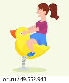 Teenager sitting on swing duck, side view of girl character in casual clothes playing outdoor, childhood activity and entertainment on playground vector. Recreation on Swing, Girl Playing Outdoor Vector. Стоковая иллюстрация, агентство Ingram Publishing / Фотобанк Лори