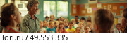 A man is standing in front of a large crowd of people, addressing them. Стоковое AI-изображение, AI-художник Данила Большаков / Фотобанк Лори
