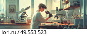 A focused female scientist in a laboratory examining specimens through a microscope. Стоковое AI-изображение, AI-художник Данила Большаков / Фотобанк Лори