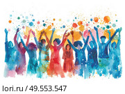 A gathering of individuals raising their arms in unison, showing unity and celebration. Стоковое AI-изображение, AI-художник Данила Большаков / Фотобанк Лори