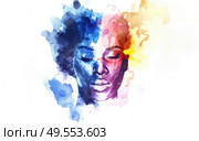 Watercolor painting depicting a womans face with her eyes closed. Стоковое AI-изображение, AI-художник Данила Большаков / Фотобанк Лори
