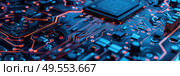 Detailed view of a computer circuit board displaying intricate electronic components and pathways. Стоковое AI-изображение, AI-художник Данила Большаков / Фотобанк Лори