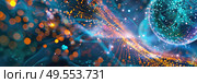 A vibrant abstract background featuring a blend of blue and yellow colors with striking lights dispersed throughout. Стоковое AI-изображение, AI-художник Данила Большаков / Фотобанк Лори