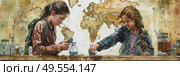 A painting depicting two young girls standing together, focused on studying a map in their hands. Стоковое AI-изображение, AI-художник Данила Большаков / Фотобанк Лори