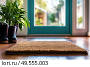 Close-up of natural fiber doormat on wooden floor with open blue doors. Potted plant in frame. Bright daylight outside. Inviting home entrance. Clean, fresh, cozy mood. Interior, lifestyle. Banner. Стоковое AI-изображение, AI-художник Евгений Демидюк / Фотобанк Лори