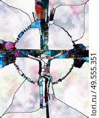Faith of Color. Cross of Stained Glass series. Backdrop of  organic church window color pattern to complement designs on the subject of fragmented unity of Crucifixion of Christ and Nature. Стоковое фото, агентство Ingram Publishing / Фотобанк Лори