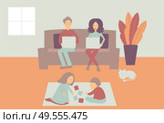 Family character for Coronavirus quarantine. Parents working at home, work from home, self employed, home office, telework. Kids playing at home. Стоковое фото, агентство Ingram Publishing / Фотобанк Лори