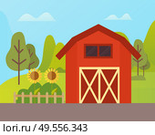 Red building for livestock vector, sunflowers growing by farmhouse, wooden fence and trees. Natural environment of ranch grange in rural area, farm. Farm House, Ranch and Sunflowers Growing on Ground. Стоковая иллюстрация, агентство Ingram Publishing / Фотобанк Лори