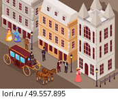 Victorian era street with city houses gentlemen ladies in fashionable crinoline skirts carriage isometric view vector illustration. Стоковая иллюстрация, агентство Ingram Publishing / Фотобанк Лори