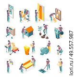 Spring renovation isometric color icons set of  people working in garden throw away garbage   repairing doghouse isolated vector illustration. Стоковая иллюстрация, агентство Ingram Publishing / Фотобанк Лори