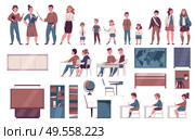 School furniture whiteboard lesson pupils schoolchildren teacher desk classroom accessories map bookshelf flat set vector illustration. Стоковая иллюстрация, агентство Ingram Publishing / Фотобанк Лори
