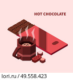 Hot chocolate isomeric background with cup of drink candies and chocolate bar vector illustration. Стоковая иллюстрация, агентство Ingram Publishing / Фотобанк Лори