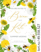 Realistic dandelions vertical poster with ornate text editable date time and fresh leaves with yellow flowers vector illustration. Стоковая иллюстрация, агентство Ingram Publishing / Фотобанк Лори
