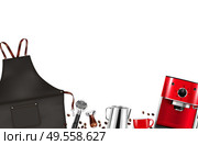 Barista equipment with apron coffee machine beans tamper pot on white background realistic vector illustration. Стоковая иллюстрация, агентство Ingram Publishing / Фотобанк Лори