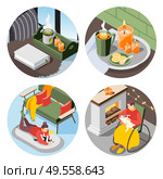 Cozy danish lifestyle concept 4 round isometric composition elements with burning candles book fireplace plaid vector illustration. Стоковая иллюстрация, агентство Ingram Publishing / Фотобанк Лори