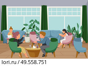 Woman daily routine flat composition with indoor scenery with female human characters in different casual situations vector illustration. Стоковая иллюстрация, агентство Ingram Publishing / Фотобанк Лори