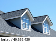 House Exterior. Roof Window. Second floor among blue sky. Mansard attic. Newly build houses. Gable roof with skylight, asphalt roofing, shingles. Residential Home. Vinyl Siding. Polymeric roof-tiles. Стоковое AI-изображение, AI-художник Марина Демидюк / Фотобанк Лори