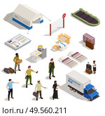 Refugees isometric icons set Immigrant and  policeman characters refugee camp truck with humanitarian add isolated vector illustration. Стоковая иллюстрация, агентство Ingram Publishing / Фотобанк Лори