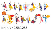 Ordinary people superheroes isometric characters 2 horizontal rows with baker astronaut judge firefighter wearing cape vector illustration. Стоковая иллюстрация, агентство Ingram Publishing / Фотобанк Лори