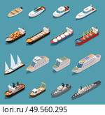 Ships isometric set with icebreaker speedboat cruise liner bulk carrier sail yacht oil tanker warship vector illustration. Стоковая иллюстрация, агентство Ingram Publishing / Фотобанк Лори