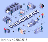 Polygraphy isometric flowchart with  equipment for digital inkjet and ultraviolet printing vector illustration. Стоковая иллюстрация, агентство Ingram Publishing / Фотобанк Лори