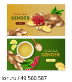 Herbal drinks lower cholesterol health benefits 2 realistic horizontal colorful background banners with ginger roots vector illustration. Стоковая иллюстрация, агентство Ingram Publishing / Фотобанк Лори