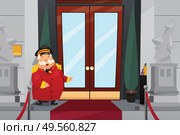 A vector illustration of Doorman Standing in Front of the Entrance Doors. Стоковая иллюстрация, агентство Ingram Publishing / Фотобанк Лори
