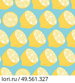Fruit seamless pattern, lemon halves and slices on bright blue background. Summer vibrant design. Exotic tropical fruit. Colorful vector illustration. Стоковая иллюстрация, агентство Ingram Publishing / Фотобанк Лори