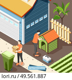 Spring renovation isometric background with family couple working outdoor in country house throw away garbage and repairing doghouse vector illustration. Стоковая иллюстрация, агентство Ingram Publishing / Фотобанк Лори