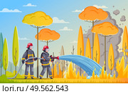 Firefighters cartoon composition with outdoor landscape and burning forest trees with firemen fighting fire with water vector illustration. Стоковая иллюстрация, агентство Ingram Publishing / Фотобанк Лори
