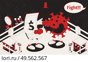 Boxing isometric humor poster with dollar and virus cartoon characters fighting in ring 3d vector illustration. Стоковая иллюстрация, агентство Ingram Publishing / Фотобанк Лори
