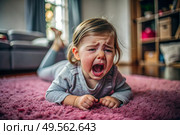 A little girl is lying on the floor. Childish hysteria. The child screams, sobs, gets cranky and gets hysterical. Discontent. Стоковое AI-изображение, AI-художник Photojuli / Фотобанк Лори