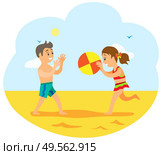 Kids in summer vector, vacations of children playing volleyball tossing ball to each other. Hot sand, childhood of boy and girl, brother and sister friends. Children on Beach, Kids Playing Volleyball Game. Стоковая иллюстрация, агентство Ingram Publishing / Фотобанк Лори