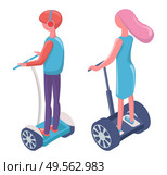 Man and woman balancing on segway, urban transport, back view of people in casual clothes on electric wheels, modern equipment, eco technology vector. People Driving on Electric Transport Segway Vector. Стоковая иллюстрация, агентство Ingram Publishing / Фотобанк Лори