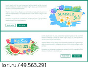 Big sale discount posters with text set. Proposition on reduction of cost, production offers from market. Watermelon and sunglasses accessory vector. Big Sale Discount Posters Set Vector Illustration. Стоковая иллюстрация, агентство Ingram Publishing / Фотобанк Лори