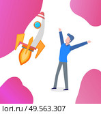 Happy entrepreneur with flying rocket vector. Successfully launched startup, businessman excited from success of project. Rapid pace speed of spaceship. New idea. Business Startup of Businessman, Happy Worker. Стоковая иллюстрация, агентство Ingram Publishing / Фотобанк Лори